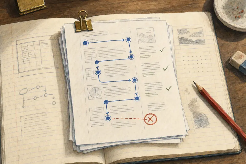Illustrated lab notebook with document pages, linked blue nodes, green checks, and one route circled in red pencil